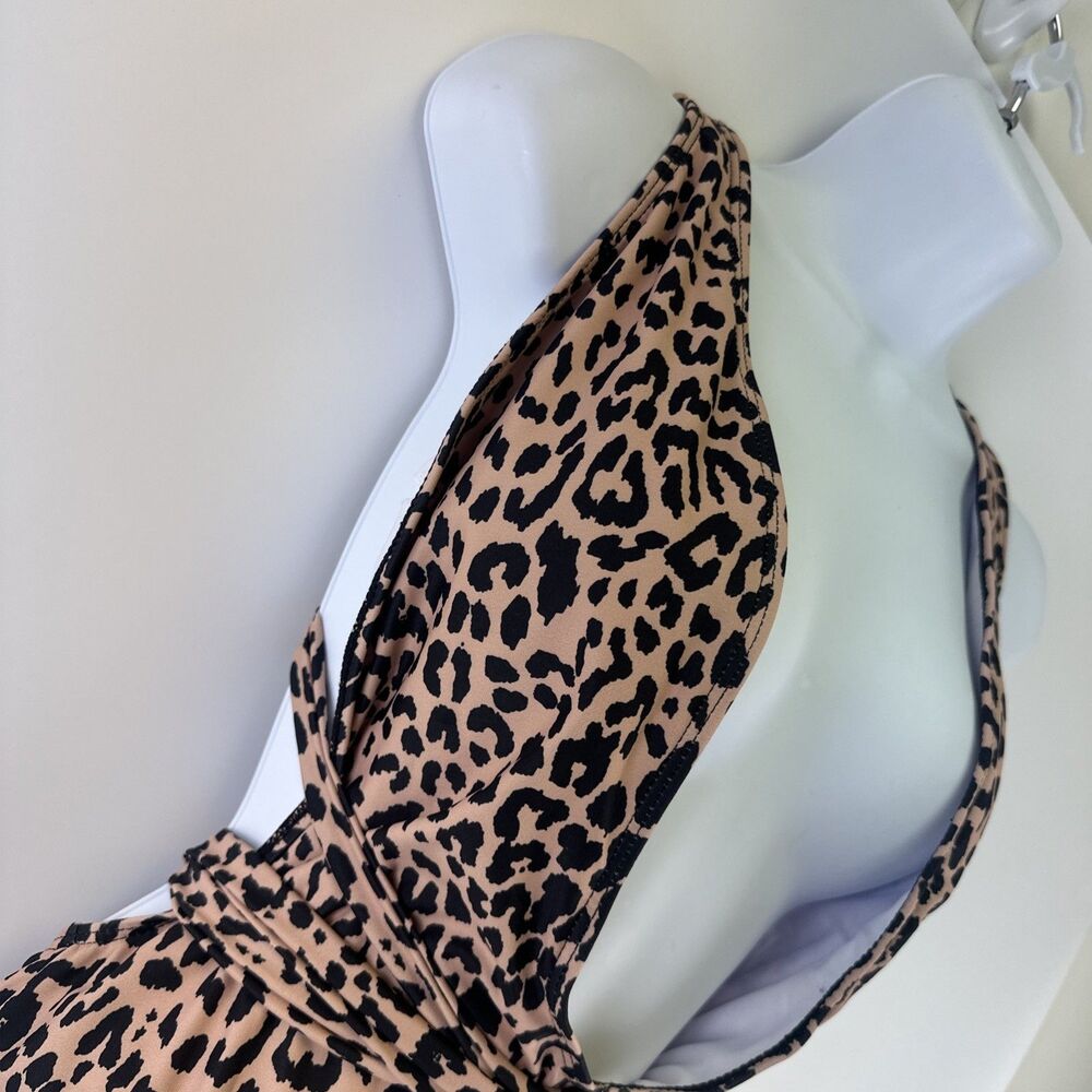 Bellanblue Swimsuit Plunging V Front Wrap Ties Leopard Print Peach Hi Cut Large - Picture 5 of 12